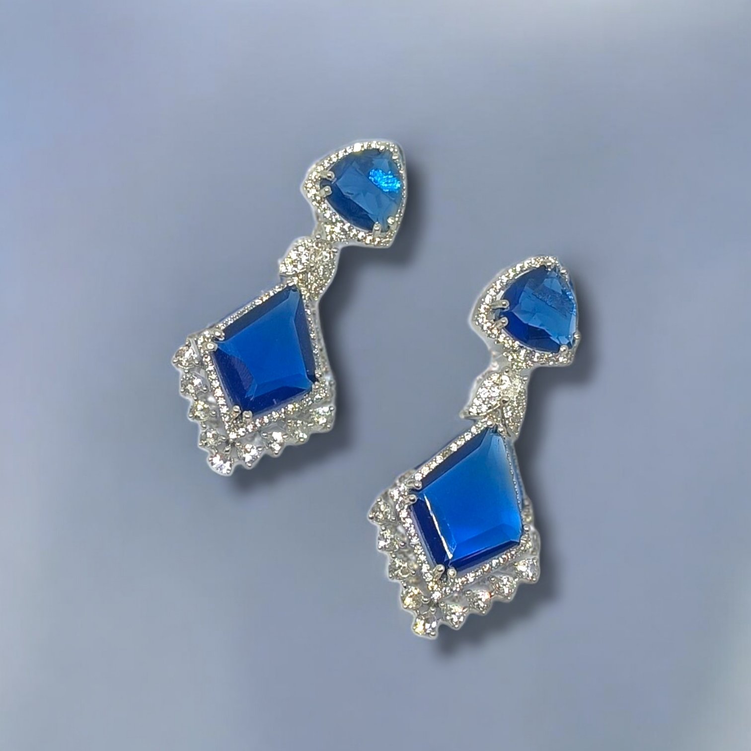 Silver Plated Blue Stone Geometric Dangler Earrings